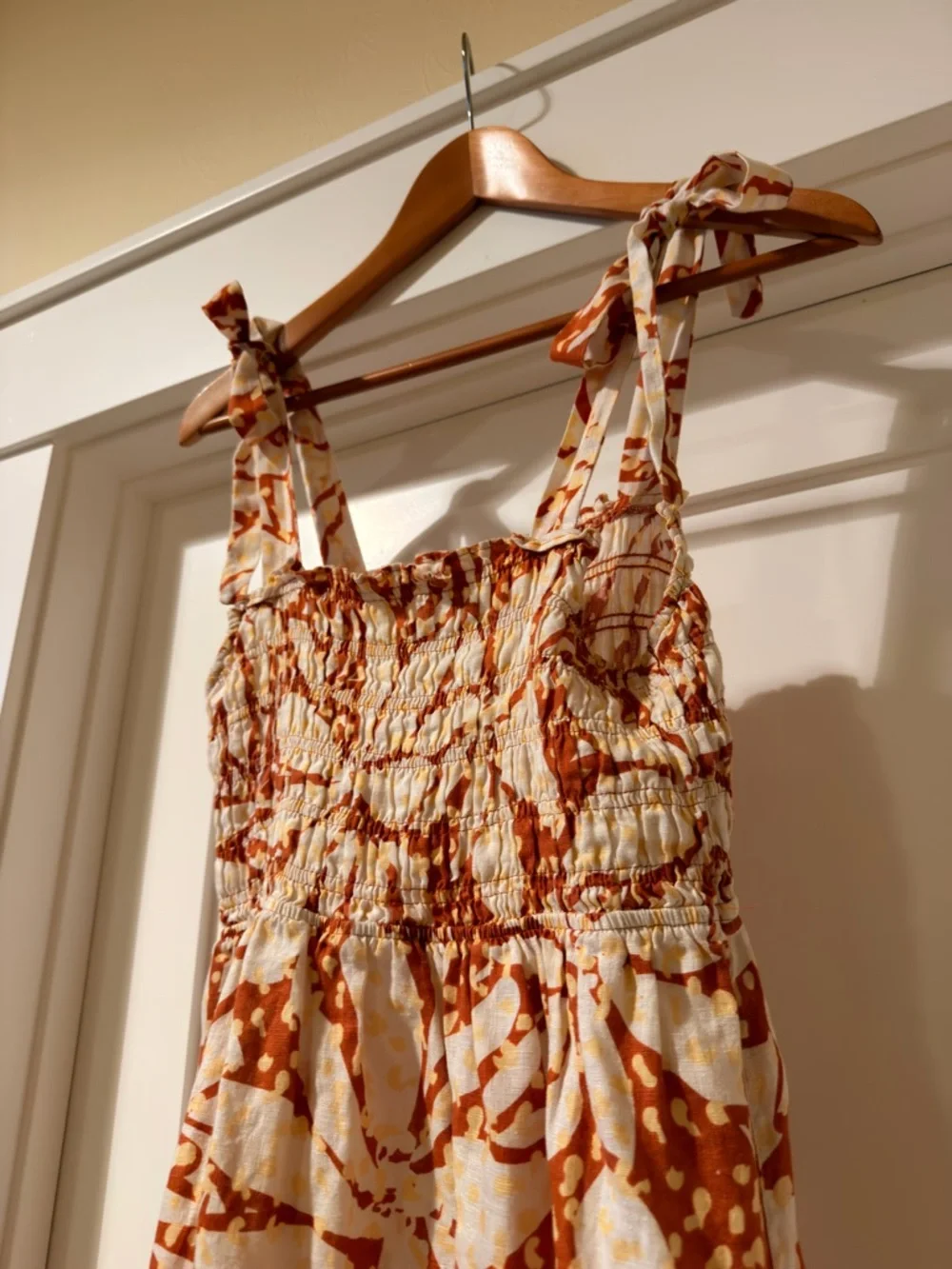Linen White and Rust Tie-Shoulder Mini Dress - Picture 6 of 6